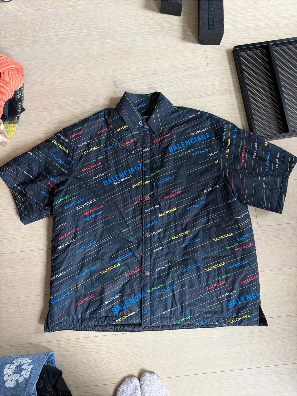 Balenciaga Black Short-Sleeve Logo Print Shirt Jacket